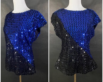 80s Sequined Cap Sleeved Blue and Black Blouse by Climax of California