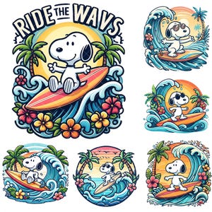 Könnte beinhalten: Eine Sammlung farbenfroher Cartoon-Illustrationen mit einem weißen Hund beim Surfen. Der Hund befindet sich auf einem Surfbrett und reitet auf Wellen mit Palmen, Blumen und einem Sonnenuntergang im Hintergrund. Der Text "RIDE THE WAYS" befindet sich oben auf einem Bild.