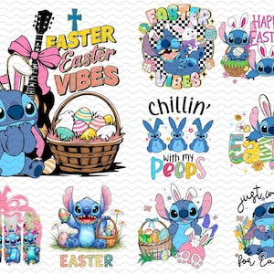 Könnte beinhalten: Eine Sammlung farbenfroher Ostergrafiken mit der Figur Stitch. Designs zeigen Stitch mit Hasenohren, Ostereiern, Körben und Texten wie "Easter Vibes" und "Happy Easter". Die Grafiken sind lebendig und verspielt.