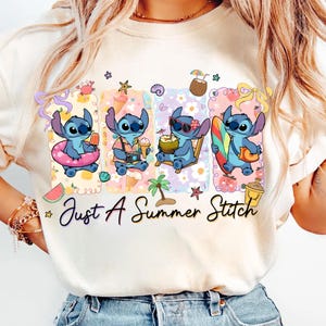May include: Cream-colored t-shirt featuring a graphic of the character Stitch in various summer scenes. The phrase "Just A Summer Stitch" is written in black script below the images. The design includes ice cream, a surfboard, and a beach setting.