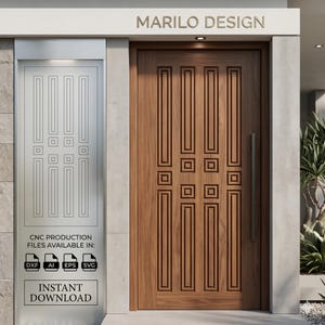 May include: A brown wooden door with a geometric panel design featuring vertical rectangles and central squares. Above the door, the text MARILO DESIGN is displayed. A vertical panel to the left lists CNC PRODUCTION FILES AVAILABLE IN: DXF, AI, EPS, SVG and INSTANT DOWNLOAD.