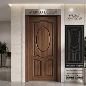 May include: A dark wood door with a central oval panel and two rectangular lower panels. Above the door, the text MARILO DESIGN is displayed. To the right, a black panel shows a white line drawing of the door with the text INSTANT DOWNLOAD, CNC Design Blueprint, and file format icons for DXF, AI, EPS, and SVG.