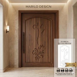 May include: A dark brown wooden door with an arched top and a vertical floral carving. The text MARILO DESIGN appears above the door. A transparent overlay shows a technical cut file preview with the text INSTANT DOWNLOAD and file formats.