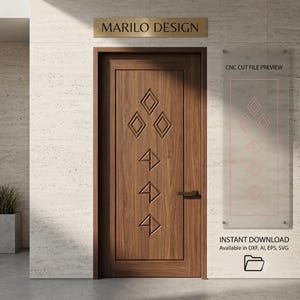 Puede incluir: Una puerta de madera marrón con una disposición vertical de tallas geométricas de diamantes y triángulos. Sobre la puerta hay un letrero que dice MARILO DESIGN. A la derecha, un panel transparente muestra una CNC CUT FILE PREVIEW con formatos.