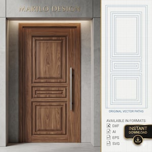May include: A brown wood-grain door with three rectangular panels and a vertical silver handle. The text MARILO DESIGN appears above the door. A blue line drawing of the door design is shown on the right with the text ORIGINAL VECTOR PATHS.