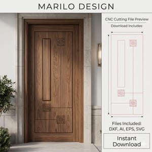 May include: A digital design file for a wooden door featuring a vertical rectangular panel and three square decorative inlays with geometric patterns. The image includes the text MARILO DESIGN, CNC Cutting File Preview, Download Includes, and Files Included: DXF, AI, EPS, SVG.