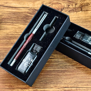 Engraved Wood Fountain Pen Set: Iridium Nib, Black Ink, Gift Box