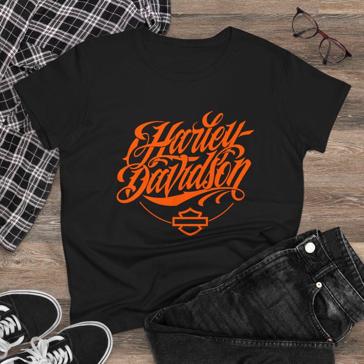 Women's Harley Davidson T-Shirt | Tattoo Style Motorcycle Graphic Tee | Custom Biker Babe Shirt, Vintage Ink-Inspired Rider Design