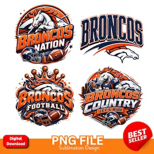 Puede incluir: Cuatro diseños gráficos con una mascota de caballo blanco, cascos de fútbol americano y balones en naranja, azul marino y blanco. El texto incluye BRONCOS NATION, BRONCOS, BRONCOS FOOTBALL y BRONCOS COUNTRY LET'S RIDE. Incluye una insignia roja BEST SELLER.