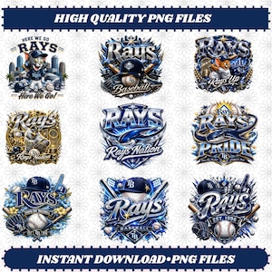 Può includere: Una collezione di nove design grafici digitali a tema baseball Tampa Bay Rays, incluse illustrazioni di Tom e Jerry, uno squalo, una palla da baseball, mazze, guanti e il testo Rays, Rays Nation, Rays Pride e Est. 1998 su sfondo bianco.