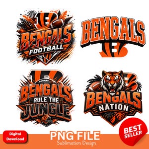 Pode incluir: Quatro designs gráficos digitais com a palavra BENGALS em letras laranja e pretas. Os elementos incluem uma bola de futebol americano, um rosto de tigre, folhas de palmeira e o texto FOOTBALL, RULE THE JUNGLE e NATION, num fundo branco.