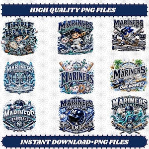 May include: A collection of nine digital graphic designs featuring Seattle Mariners baseball themes, including cartoon characters, baseballs, bats, nautical elements, and the text Mariners Baseball, Sea of Champions, and Sea Us Rise.