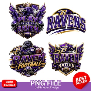 Puede incluir: Una colección de cuatro diseños gráficos en morado y dorado con imágenes de cuervos, cascos de fútbol americano y balones. El texto incluye "PLAY LIKE A RAVEN", "RAVENS", "RAVEN FOOTBALL" y "RAVEN NATION". Incluye una insignia roja de "BEST SELLER".