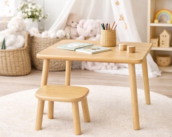 Wooden Kids Table with Stool – Solid Beech Montessori Activity Desk, Eco-Friendly Toddler Furniture, Handmade Playroom Set