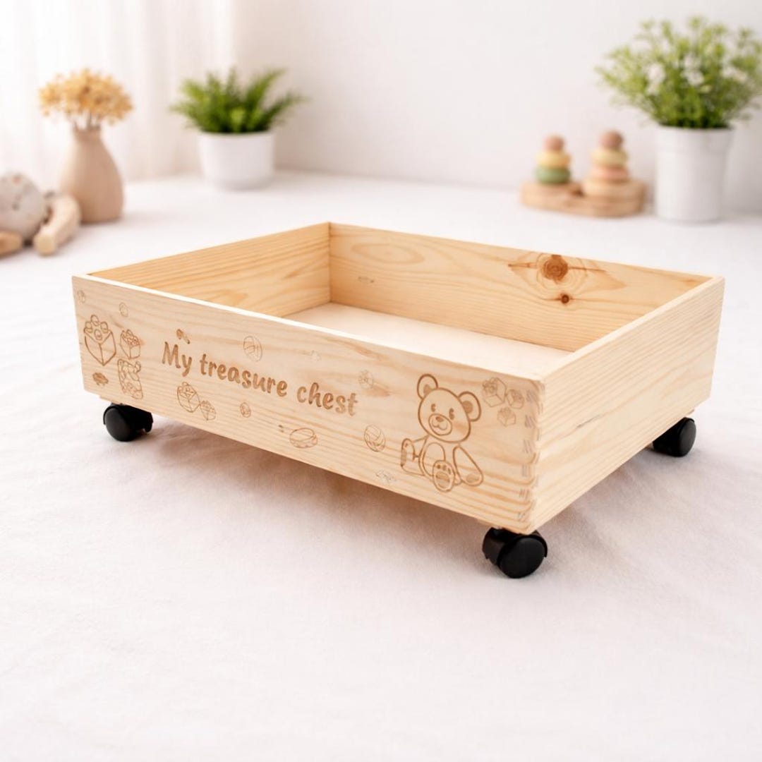 Wooden Toy Storage Box With Wheels – Kids Toy Chest, Nursery Organizer ...
