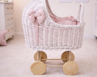 Handmade Wicker Doll Pram with Bedding, Natural Ecru Wicker, Wooden Wheels, Vintage Style, Made in EU