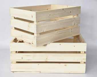 Set of 2 Wooden Crates – Large Pine Storage Boxes, Rustic Fruit Crates, Handmade Natural Wood Bins for Home, Garden and Farmhouse Decor