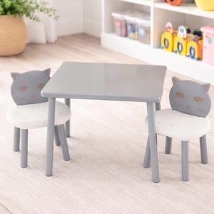 Gray Kids Table and 2 Cat Chairs with Plush Covers, Handmade Montessori Furniture, Eco Beech Wood and MDF, Playroom and Nursery Decor Gift