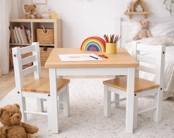 Wooden Kids Table and 2 Chairs – Solid Beech Montessori Toddler Furniture Set, Activity Table, Gift for Twins