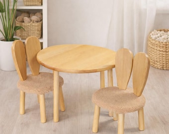 Table Montessori en bois et 2 chaises lapin, mobilier pour tout-petits en bois de hêtre, ensemble de salle de jeux Waldorf, bureau pour enfants fait main