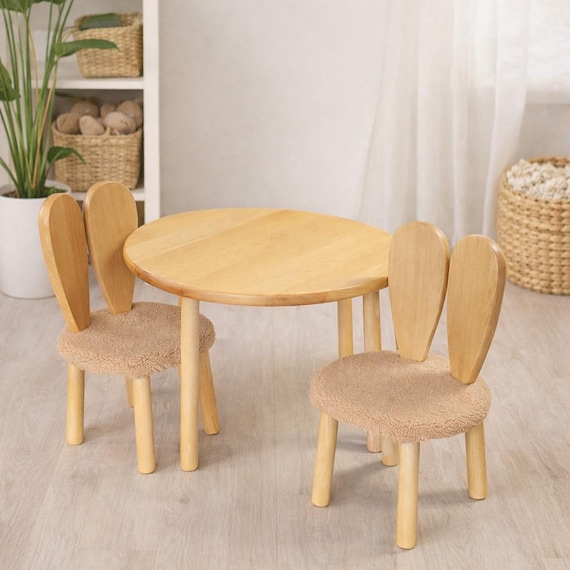 Montessori Wooden Table and 2 Bunny Chairs, Beech Wood Toddler Furniture, Waldorf Playroom Set, Handmade Kids Desk