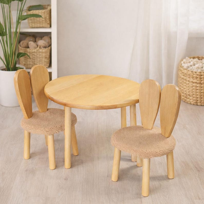 Montessori Wooden Table and 2 Bunny Chairs, Beech Wood Toddler Furniture, Waldorf Playroom Set, Handmade Kids Desk image 1