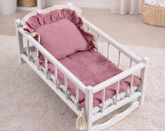 Large White Wooden Doll Cradle with Muslin Bedding, Handmade Eco Toy Gift