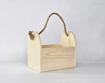 Wooden Carrier with Rope Handle – Rustic Wooden Storage Crate, Handmade Organizer Box, Natural Wood Bin, Farmhouse Craft and Home Decor