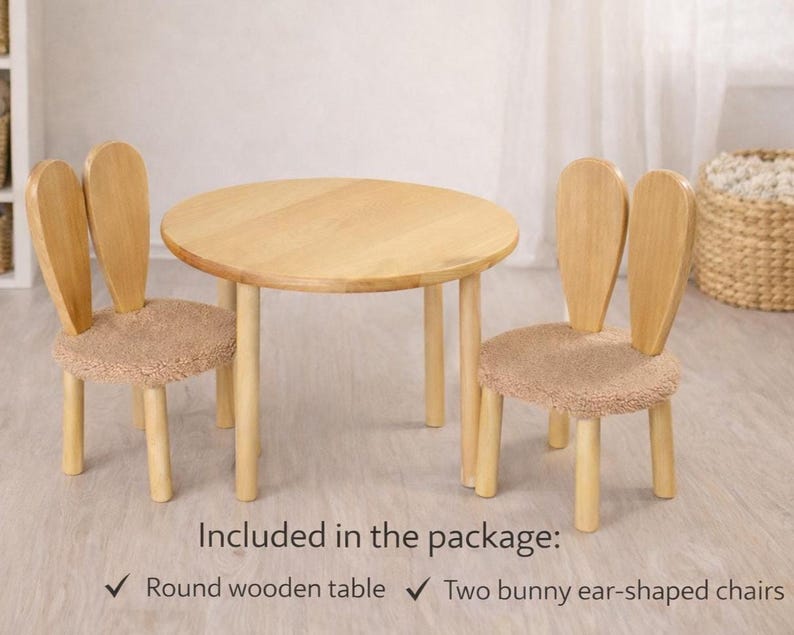Montessori Wooden Table and 2 Bunny Chairs, Beech Wood Toddler Furniture, Waldorf Playroom Set, Handmade Kids Desk image 5