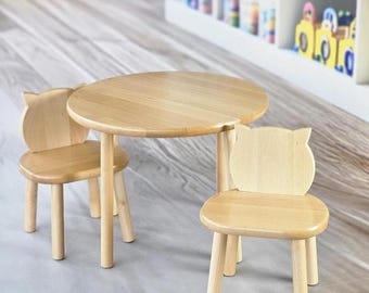 Wooden Kids Table and 2 Cat Chairs – Solid Beech Montessori Furniture Set, Eco-Friendly Playroom Decor, Toddler Gift