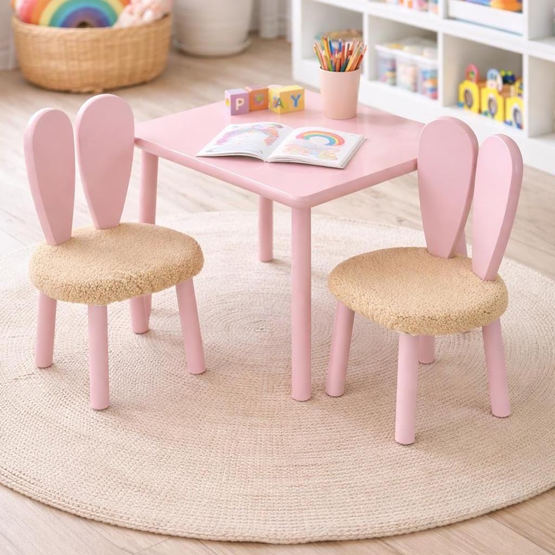 Pink Kids Table and 2 Bunny Chairs – Montessori Wooden Furniture Set ...