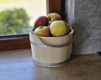Wooden Bucket with Rope Handle – 5L Rustic Wooden Planter Cover, Garden Decor, Flower Pot Holder, Handmade Farmhouse Home Decoration