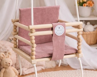 Wooden Kids Swing with Cushion, Indoor Outdoor Toddler Swing Seat, Safe Barriers, Powder Pink, Montessori Toy, Handmade Gift for Children.