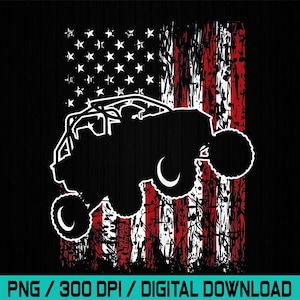 Könnte beinhalten: Eine schwarze Silhouette eines Geländewagens über einem abgenutzten amerikanischen Flaggen-Design. Die Flagge zeigt weiße Sterne auf schwarzem Hintergrund und rot-weiße Streifen. Der Text "OFF-ROAD STYLES" und "PNG / 300 DPI / DIGITAL DOWNLOAD" ist enthalten.