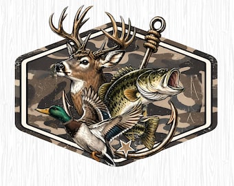 Hunting And Fishing Camo Png, Deer Duck Fish Hook Png, Hunting Fishing Png, Fathers Day Png, Bass Buck Mallard Png, Dad Hunting