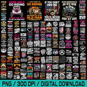 May include: A digital collection of over 100 graphic designs featuring off-road vehicles, side-by-side utility task vehicles, and various humorous slogans related to riding, mud, and outdoor adventures, presented in a grid layout on a black background.