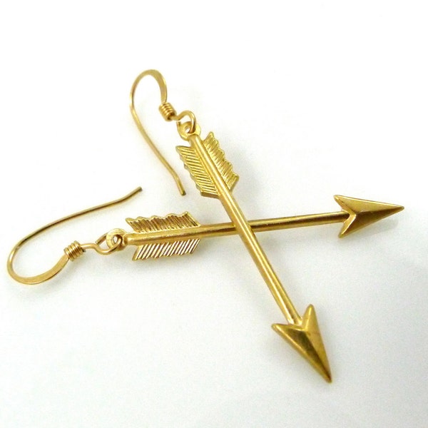 Golden Arrows Earrings, Gold Fill Ear Wire, Golden Brass Arrow, Short Dangle, Handmade, Tribal