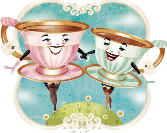May include: Two cartoon teacups with faces, wearing dresses and holding tea bags, stand on a blue and green background with white flowers. The text "Best Teas" is at the bottom of the image.