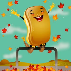 May include: A cartoon illustration of a smiling, golden brown bread character jumping over a black fence with red, orange, and yellow leaves falling around it. The text "Kitschy Delish, 2021" is in the bottom right corner of the image.
