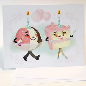 May include: A birthday card featuring a cartoon ice cream cone and a cake with candles. The ice cream cone is wearing a pink and white hat and holding a purple party favor. The cake is wearing a pink dress and has a pink and white frosting. Both characters are smiling and have happy expressions. The background is a light blue with white swirls.