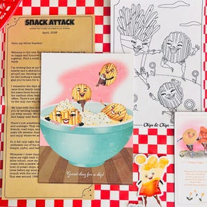May include: A whimsical illustration featuring a turquoise bowl filled with chips and dip, with smiling chip characters. A coloring page, a bookmark, and a sticker with chip characters are also visible. The theme is snack-related.