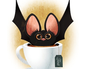 May include: A black bat with orange ears peeks out of a white teacup with a green tea bag that says "Tea".