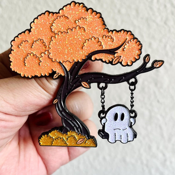 Ghost on a Swing, large  soft enamel pin with glitter