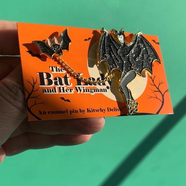 Bat Lady and Her Wingman glittery enamel pin with removable chain!