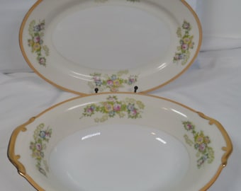Juego de 2 piezas de porcelana Meito de Japón, diseño floral N1005a: plato ovalado y fuente para verduras, década de 1940-1950.