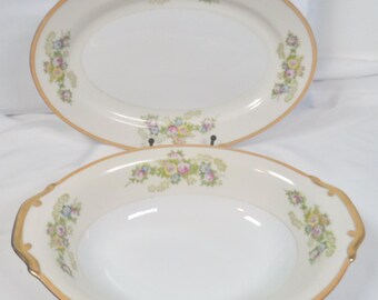 NSP Meito Japan Oval Platter & Vegetable Bowl Floral Spray Pattern N1005a Circa 1940s-1950s