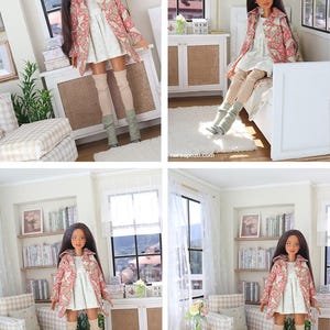 K&ouml;nnte beinhalten: Eine Modepuppe mit langem dunklem Haar tr&auml;gt ein wei&szlig;es Kleid, einen rosa-wei&szlig; gemusterten Mantel, beige oberschenkelhohe Str&uuml;mpfe und salbeigr&uuml;ne Stulpen. Die Puppe hat bewegliche Gliedma&szlig;en und ist in einem Miniaturraum arrangiert.