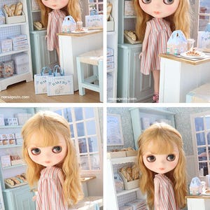 May include: A doll with long wavy blonde hair and large eyes wearing a sleeveless dress with vertical pink and white stripes and pink boots. The doll stands in a miniature bakery setting with light blue shelves, a counter, and paper bags.