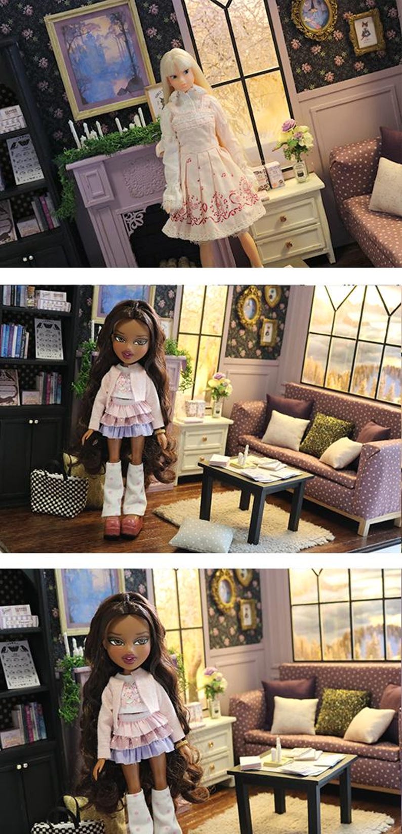 May include: A doll with long brown hair wearing a light pink cardigan, a layered pink and lavender ruffled skirt, and white leg warmers with pink polka dots. The doll has brown eyes, dark lipstick, and is standing in a miniature living room setting.