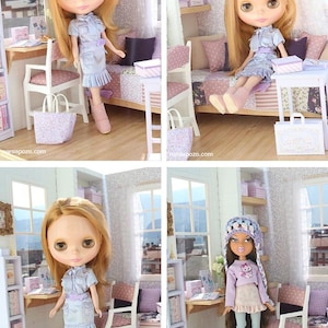 Pode incluir: Quatro imagens de bonecas em um cen&aacute;rio de quarto em miniatura. As bonecas t&ecirc;m cabelo loiro e usam vestidos e botas. O quarto &eacute; decorado em tons de roxo e branco, com m&oacute;veis, prateleiras e acess&oacute;rios em miniatura. O endere&ccedil;o do site "nereapozo.com" &eacute; vis&iacute;vel em alguns itens.